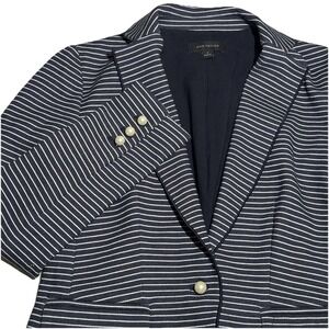 ANN‎ TAYLOR Women's Size 0 Blazer Pearl Buttons Black White Striped Minimalist